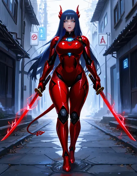 A resolute female cyborg with a mechanical dragon head arm, her expression tense and focused, clutching a giant katana that dominates the composition, its enormous blade intricately etched with glowing cosmic runes that shimmer with a neon blue light, the ...