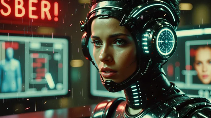 Close-up of a humanoid android with realistic skin and glowing circuitry beneath, one eye flickering with data feed, raindrops on its face, subtle emotional expression like it's discovering emotion — behind it, blurry neon signs and glitching holograms — a...