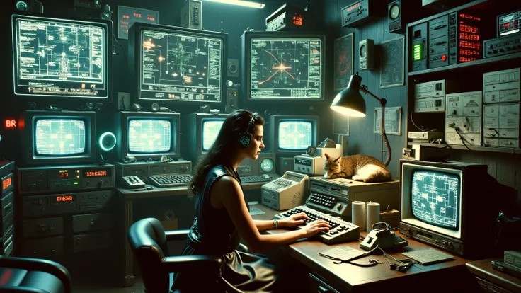 A grungy hacker garage full of vintage tech — analog monitors, blinking LEDs, VHS tapes stacked on shelves, keyboards with worn-out keys, a woman with cybernetic implants typing fast, walls covered in schematics and neon-lit posters, a cat sleeping on an o...