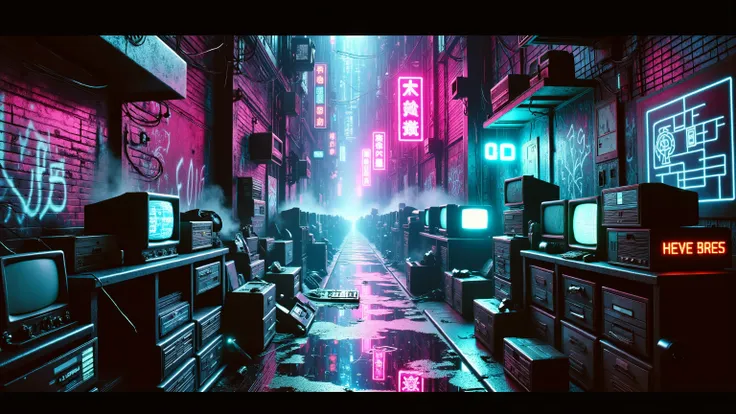 A narrow alleyway in a retro-futuristic cyberpunk city, steam rising from vents, graffiti on brick walls, neon signs in pink and cyan, flickering holograms, puddles reflecting the light, wires hanging overhead, vintage 1980s tech details like cassette play...