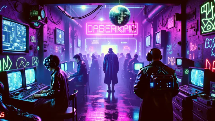 Inside a cyberpunk nightclub with heavy 80s influence — laser lights cutting through artificial smoke, people dancing in leather outfits and futuristic visors, walls covered in neon graffiti and glowing wires, DJ with robotic arms behind analog synths, CRT...
