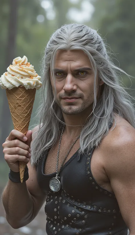 Gerald of Rivia winking and holding ice cream