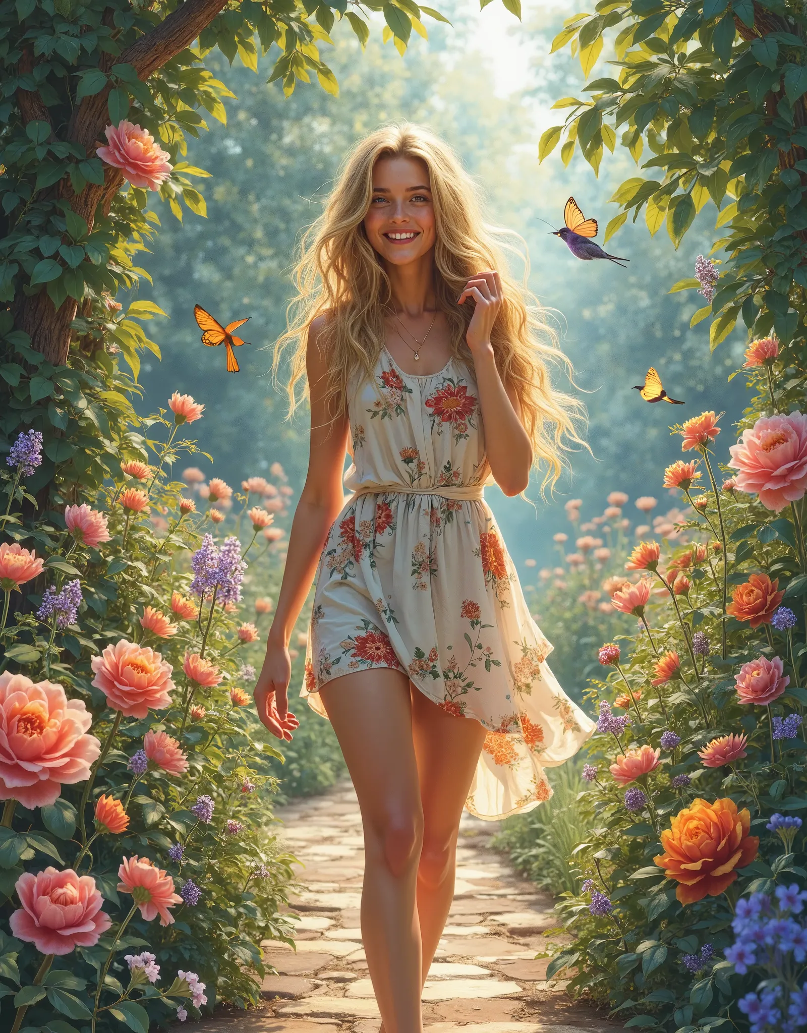 masterpiece, best quality, [detailed], [intricate], digital painting, Amidst the blooming colors and enchanting scents, an 21-year-old girl wandered through the beautiful botanical garden. Her radiant beauty matched the splendor of the flowers that surroun...