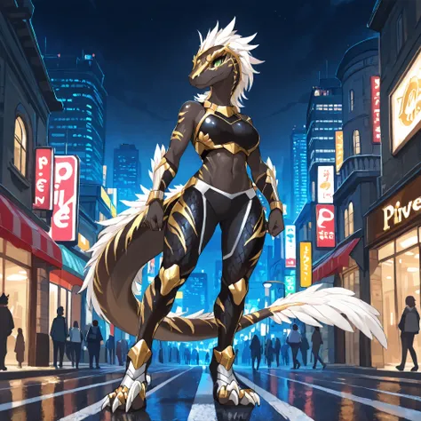 masterpiece, best quality, anime style, anime shading, full body picture, athletic body type, centered, three-quarters view, by plive, 1girl, anthro raptor, (sickle claws), female raptor, feathered dinosaur, dark gold scales, white feathers, green eyes, pe...