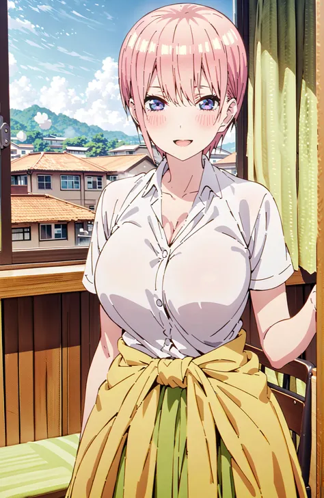 Nakano Ichika, short hair, solo,bungs, blue eyes, hair between eyes, pink hair,Big Breasts, cleavage,in their 40s skirt, shirt, uniform, white shirt, Short Sleeves, green mini pleated skirt, collared shirt, white socks, yellow clothes around the waist,Shor...