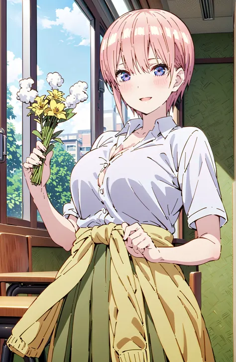 Nakano Ichika, short hair, solo,bungs, blue eyes, hair between eyes, pink hair,Big Breasts, cleavage,in their 40s skirt, shirt, uniform, white shirt, Short Sleeves, green mini pleated skirt, collared shirt, white socks, yellow clothes around the waist,Shor...