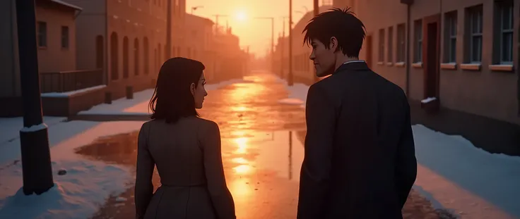 A couple stands on a cold, deserted street at dusk. The woman has her back to the man, walking away. The man stands still, looking at her with a sad, dejected face. Both have expressions of emotional pain and deep sadness. The street is empty, with soft go...