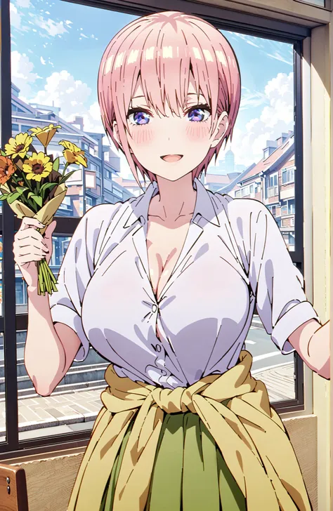 Nakano Ichika, short hair, solo,bungs, blue eyes, hair between eyes, pink hair,Big Breasts, cleavage,in their 40s skirt, shirt, uniform, white shirt, Short Sleeves, green mini pleated skirt, collared shirt, white socks, yellow clothes around the waist,Shor...