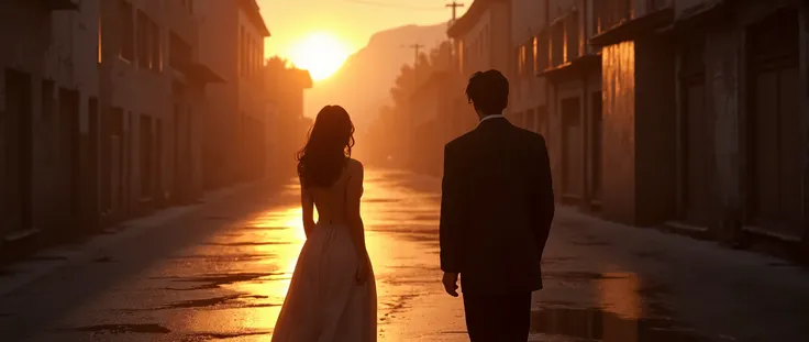 A couple stands on a cold, deserted street at dusk. The woman has her back to the man, walking away. The man stands still, watching her walk away, his face sad and haggard. Both men have expressions of emotional pain and deep sadness. The street is empty, ...