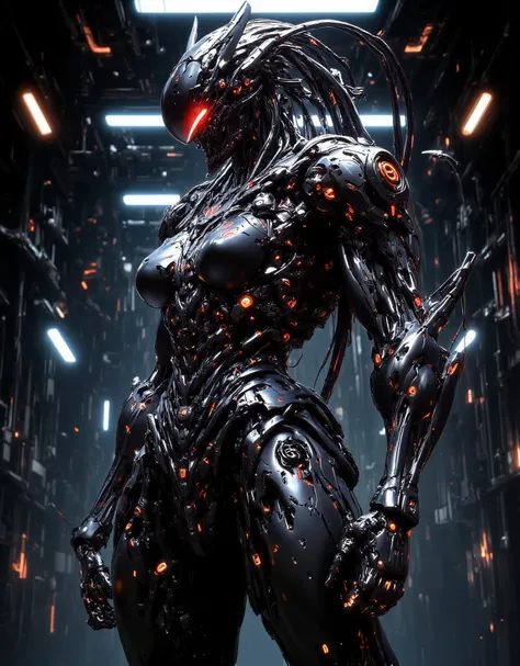 The high resolution photograph 8k, Design your battle-damaged Cyborg and reveal the rugged beauty of mechanical life! Female Cyborg with huge breasts, Archer-Cyborg Type, Venom-Cyborg Version.