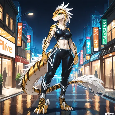 masterpiece, best quality, anime style, anime shading, full body picture, athletic body type, centered, three-quarters view, by plive, 1girl, anthro raptor, (sickle claws), female raptor, feathered dinosaur, dark gold scales, white feathers, green eyes, pe...