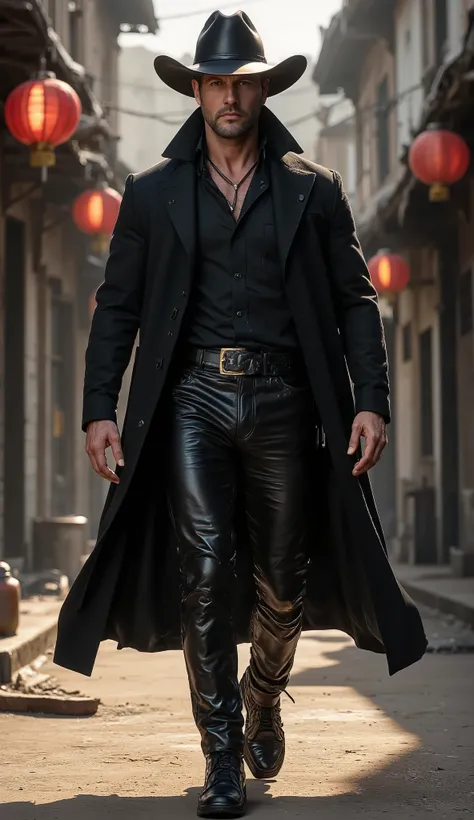"Ultra-realistic cinematic portrait: of a gorgeous man walking in a deserted western town, serious expression and looking straight ahead, wearing a wide-brimmed black cowboy hat and black leather pants, black shirt, leather overcoat. Warm ambient lighting ...