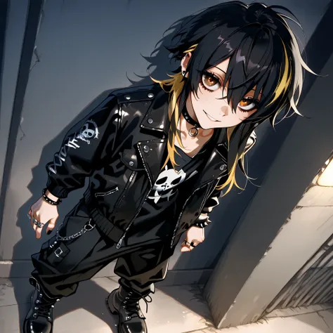 young male dress woman in her early 20s、 small 、dark, gothic, emo clothes, long emotional hair(黒髪で先端が黄色い)、Messy style, gentle rebellious eyes, hazel, long eyelashes and dark eyeliner. Confidence々A smile, handsome, nice. dark, gothic, emo clothes, choker w...