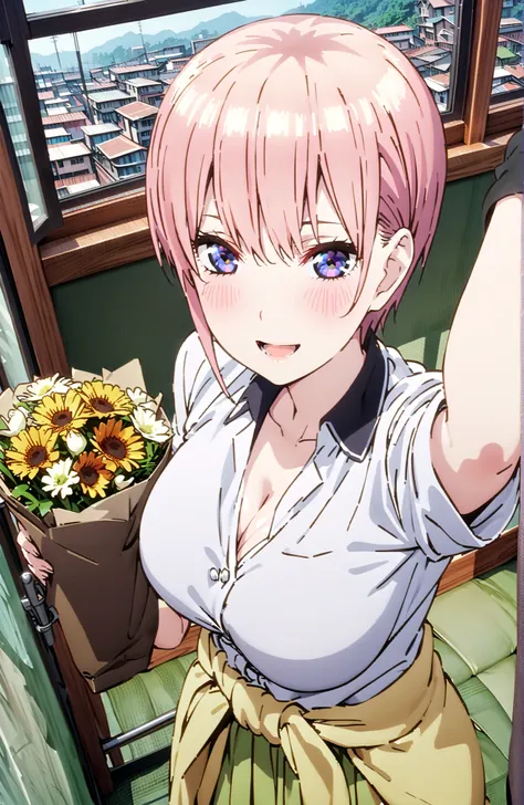 Nakano Ichika, short hair, solo,bungs, blue eyes, hair between eyes, pink hair,Big Breasts, cleavage,in their 40s skirt, shirt, uniform, white shirt, Short Sleeves, green mini pleated skirt, collared shirt, white socks, yellow clothes around the waist,Shor...