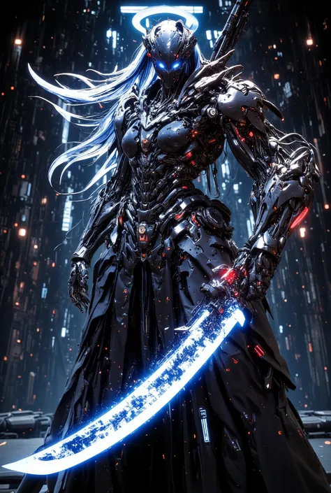 A resolute female cyborg with a mechanical dragon head arm, her expression tense and focused, clutching a giant katana that dominates the composition, its enormous blade intricately etched with glowing cosmic runes that shimmer with a neon blue light, the ...