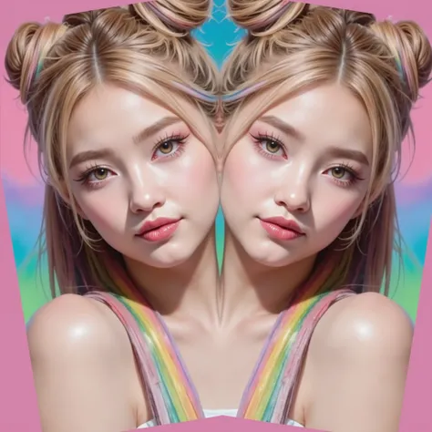 (two heads), 1girl with colorful hair and rainbows on their faces, inspired by Yanjun Cheng, popular korean makeup, popular south korean makeup, kawaii realistic portrait, colorful pigtail, two pigtails hairstyle, korean symmetrical face, pigtails hairstyl...