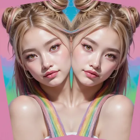 (two heads), 1girl with colorful hair and rainbows on their faces, inspired by Yanjun Cheng, popular korean makeup, popular south korean makeup, kawaii realistic portrait, colorful pigtail, two pigtails hairstyle, korean symmetrical face, pigtails hairstyl...