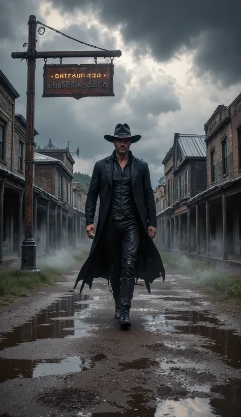 Hyper-realistic cinematic wide-angle 16:9 composition blending a dramatic storm-drenched western town and a lone gunslinger: Under torrential rain and thick fog, a deserted old west town sprawls across the frame, captured from a front-facing downward camer...
