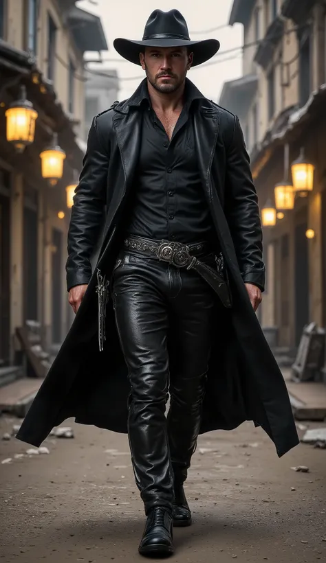 "Ultra-realistic cinematic portrait: of a gorgeous gunslinger walking in a deserted western town, serious expression and looking straight ahead, wearing a wide-brimmed black cowboy hat and black leather pants, black shirt, leather overcoat, revolver holste...
