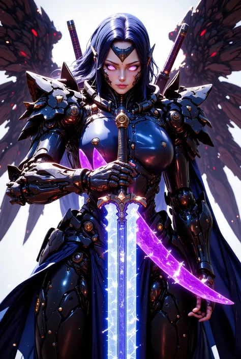 A resolute female cyborg with a mechanical dragon head arm, her expression tense and focused, clutching a giant katana that dominates the composition, its enormous blade intricately etched with glowing cosmic runes that shimmer with a neon blue light, the ...