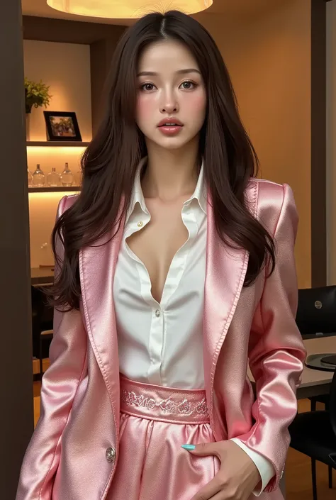 Korean Woman, 25 years old, dark hair ombre, Topmodel face, collar blouse. wears a pink blazer pattern with iridescent holographic details in rose gold, bottom --AR 2:3 --V 6.0. Hyper realistic, in a room, without defects. Radiant beauty, boss woman, rich ...