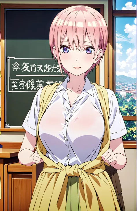 Nakano Ichika, short hair, solo,Bangs, blue eyes, hair between eyes, pink hair,Big Breasts, Chest,40s skirt, shirt, uniform, white shirt, Short Sleeves, green mini pleated skirt, collared shirt, White Sox, yellow clothes around the waist,Short sleeve,have ...