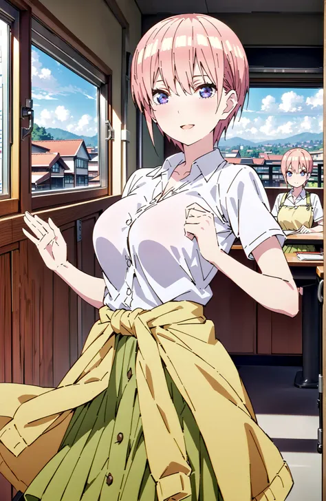 Nakano Ichika, short hair, solo,Bangs, blue eyes, hair between eyes, pink hair,Big Breasts, Chest,40s skirt, shirt, uniform, white shirt, Short Sleeves, green mini pleated skirt, collared shirt, White Sox, yellow clothes around the waist,Short sleeve,have ...