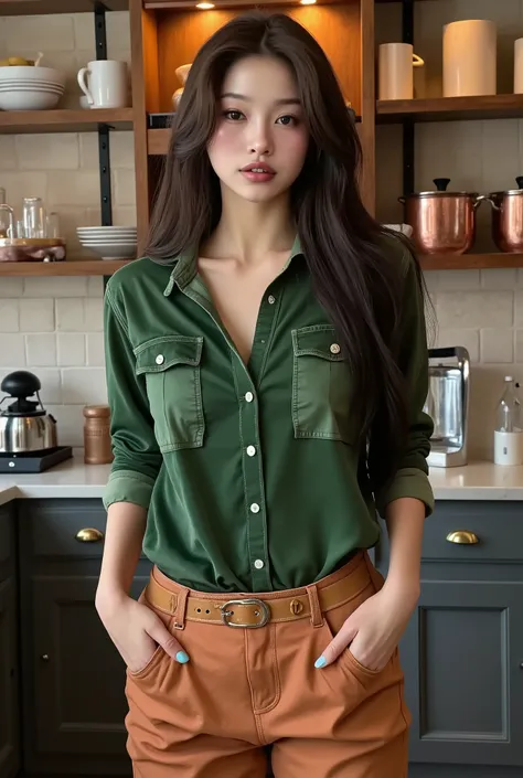  full body image, dark hair, Korean woman wearing a green velvet button down shirt and oversized baggy leather cargo pants with a belt, fully stocked vintage kitchen