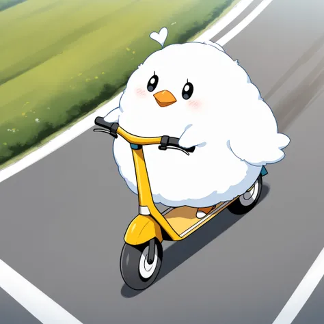 Masterpiece,Best quality, ultra detailed,Japanese Anime style, (pure white sparrow mascot) , round body, fluffy body,simple face, cute appearance, (on the kick scooter traveling along a country road),