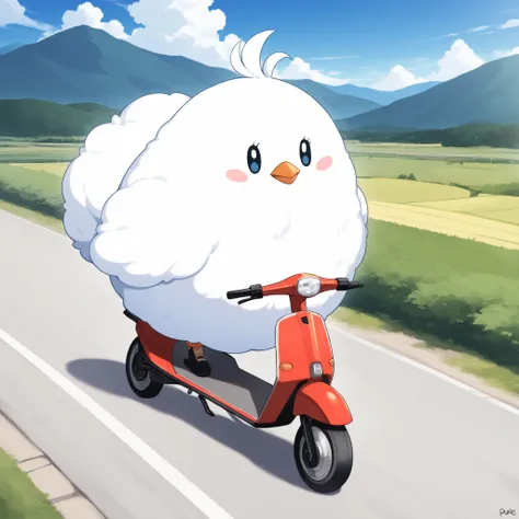 Masterpiece,Best quality, ultra detailed,Japanese Anime style, (pure white sparrow mascot) , round body, fluffy body,simple face, cute appearance, (on the kick scooter traveling along a country road),