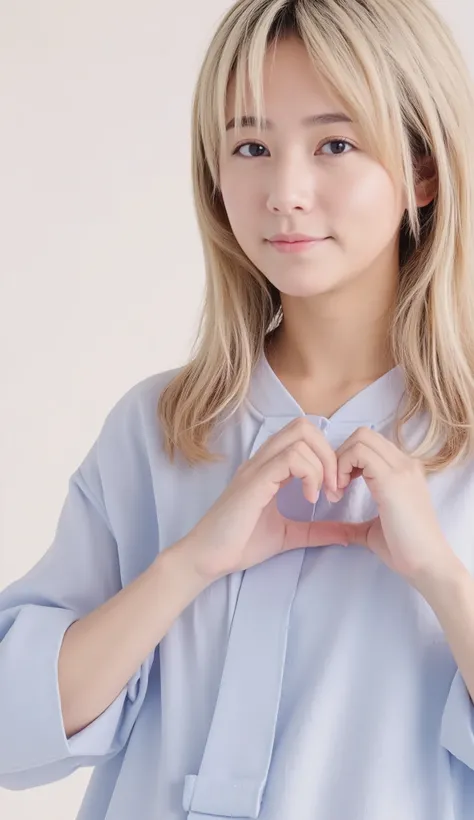 かわいいsmileの女性はかわいいです, Wearing light blue underwear, make a big heart with both hands, Pose with your arms crossed in front of your chest, Look above your neck 、 The background is a solid color 。 、smile