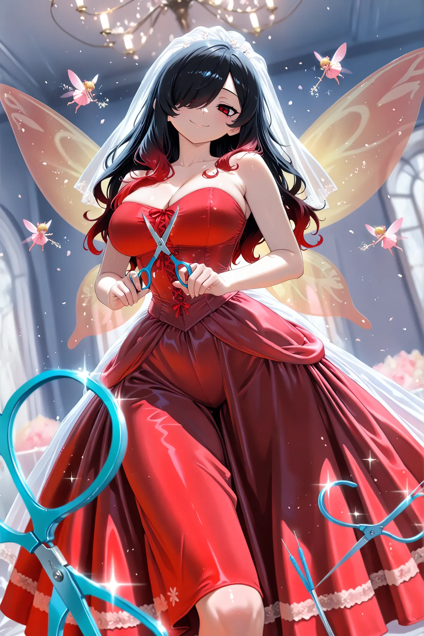 1 girl, Kuroki Monika, red eyes, gradient hair, black hair, red hair, long hair, asymmetrical hairline, hair over right eye, ((large breasts)), (petite but curvy), very cute, lovely, solo, standing in the center wearing a red dress, many Little fairies wi...