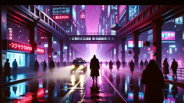 A sprawling futuristic cityscape under heavy rain at dusk, inspired by Blade Runner and 1980s retro-futurism — glowing neon signs in Japanese and Russian, CRT billboards flickering, elevated trains gliding above the street, flying cars leaving light trails...