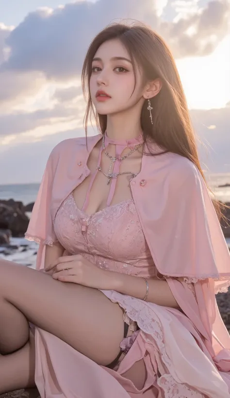 photorealistic, 1girl, ((slim body)), long hair, gradient hair, solo, detailed eyes, jewelry, bracelet, choker, small breasts, looking at viewer, realistic, necklace, (((pink princess))), long skirt, thigh highs, pink cape, sardine, lace, evening, sunlight...