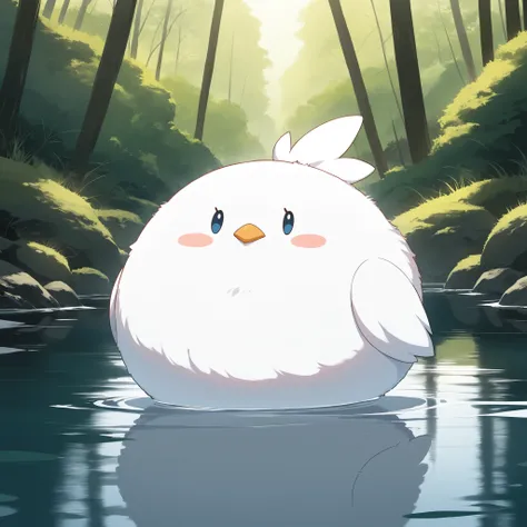 Masterpiece,Best quality, ultra detailed,Japanese Anime style, (pure white sparrow mascot ) , round body, fluffy body,simple face, cute appearance,,beautiful marshes, waterside, nature, playing in the water,