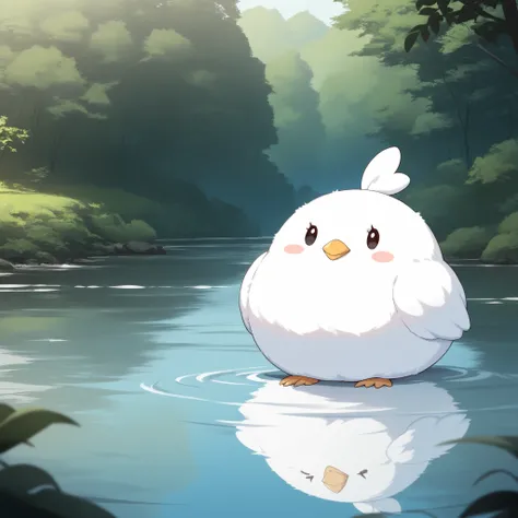 Masterpiece,Best quality, ultra detailed,Japanese Anime style, (pure white sparrow mascot ) , round body, fluffy body,simple face, cute appearance,,beautiful marshes, waterside, nature, playing in the water,