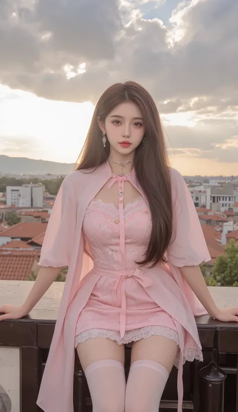 photorealistic, 1girl, ((slim body)), long hair, gradient hair, solo, detailed eyes, jewelry, bracelet, choker, small breasts, looking at viewer, realistic, necklace, (((pink princess))), long skirt, thigh highs, pink cape, sardine, lace, evening, sunlight...
