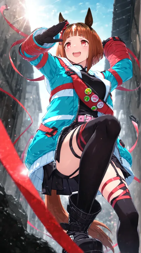 masterpiece,Highest_quality,
transcend\(Uma Musume\), 1 girl, horse ears, horse tail, full body, viewers looking straight up, long sleeve,  badge , open jacket, multicolor hooded jacket,  Asymmetric Black Thigh Length Stockings , mismatched boots, Asymmetr...