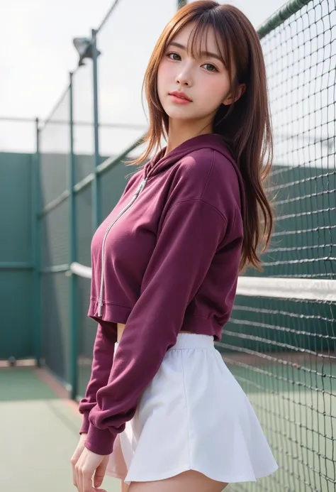 Low angle, portrait shot of beautiful so sexy Japanese woman, dark tan skin, wave spreading hair, gold blue pink hair, small breasts, standing pose, tilt head up, wear loose dark magenta zip hoody, white miniskirt, no underwear, beautiful , tennis racket i...
