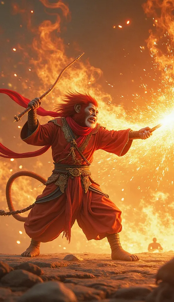 An incredibly realistic fantasy scene: Sun Wukong (the Monkey King) stands firm between the incoming waves of magical fire and Tang Sanzang, who is sitting calmly behind him, unconsciously.

In this thrilling moment, Sun Wukong is captured as he swings his...