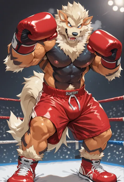 4K, masterpiece quality, pov_boxing, daringly Looking down on the losers, red boxing shoes, red boxing gloves, red boxing shorts with red lines, bulge, full body, depth of field, boxing, proudly posing with his chest out, fist pump pose, boxing ring backgr...