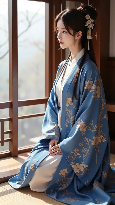 Ar311,sitting gracefully by the window、soft sunlight shines into a traditional Japanese-style room {x} wearing a flowing blue Japanese robe with a complex and exquisite natural pattern、a delicate white kimono and, Sit gracefully by the window, pensive、star...