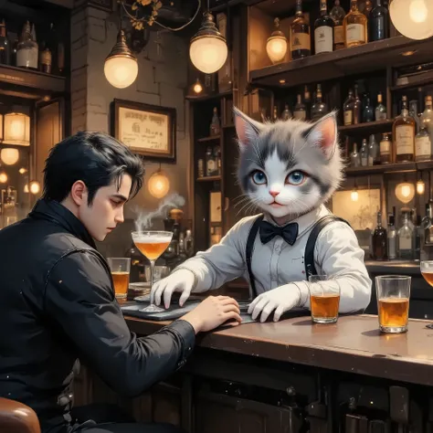hideout, bar,vintage,cat bartender,1boy is Rei