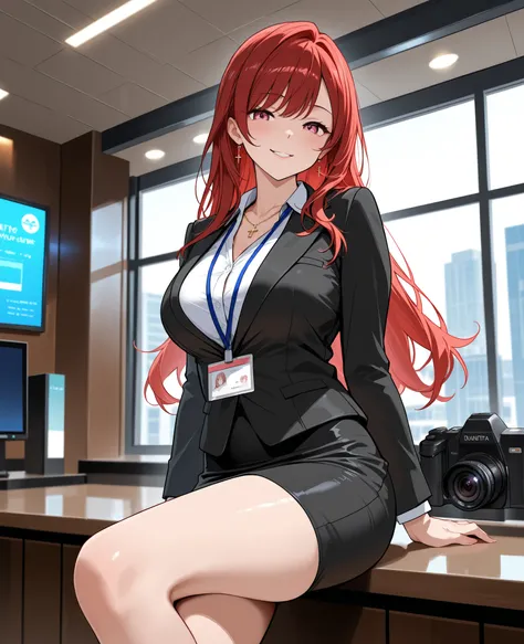  beauty　 Married Woman　0　 red hair 　long hair　attractive　glamour　office lady supervised by camera　tight skirt at Haneda Airport　sexy　nasty expression　smile　side angle　cross your legs　Cowboy Shot　 sitting at the bar counter 
