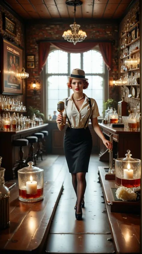 A secret 1920s speakeasy hidden behind a bookshelf door, dimly lit with warm golden and crimson lights. Brick walls covered with vintage jazz posters, velvet curtains, and dark wooden furniture. A jazz band on stage plays trumpet, upright bass, and saxopho...