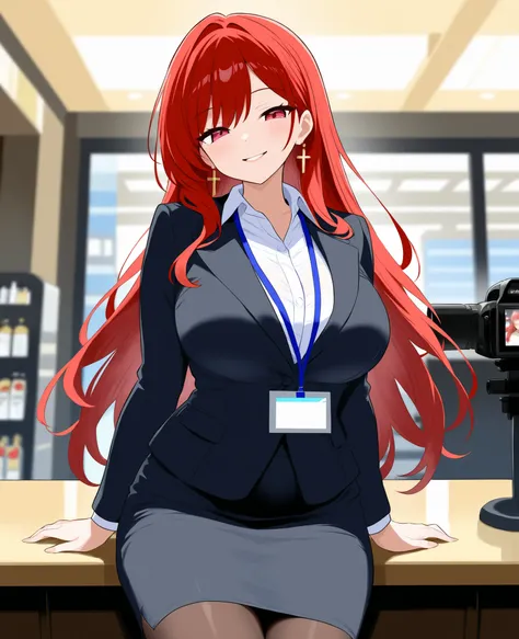 beauty Married Woman 0 red hair long hair attractive glamour office lady supervised by camera tight skirt at Haneda Airport sexy nasty expression smile side angle cross your legs Cowboy Shot sitting at the bar counter