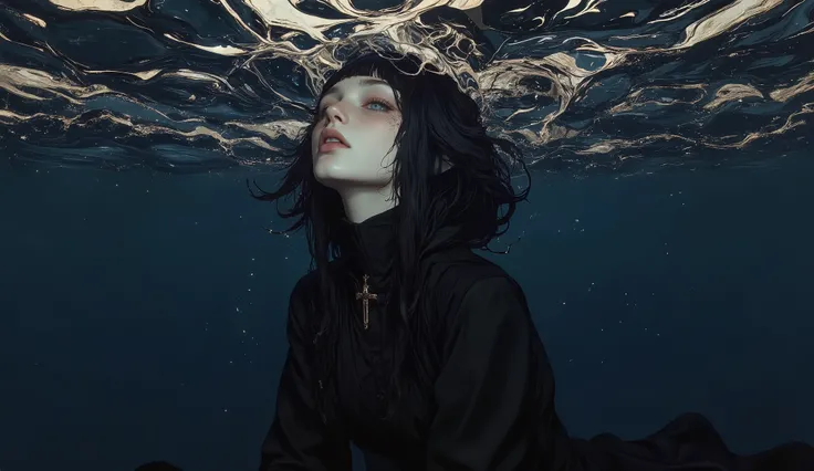 Portrait of Cynthia,(masterpiece),(Top quality),(Super detailed),(ultra high definition),(Top Illustrations, realism),8k , Full height, Beautiful girl under water, at the bottom , black long robe, black hair slowly develops underwater, gloomy, Cold, The co...
