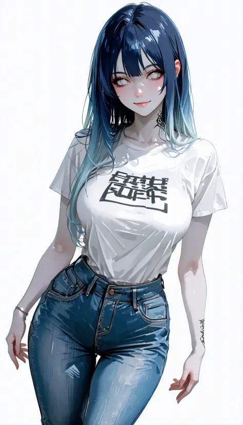 score_9, score_8_up, score_7_up, score_6_up, 1girl, Hinata_Hyūga, Waist-length hair, straight hair, Dark blue hair, (Light Red) gradient hair, White eyes, cute face, Large breasts, curvy, large hips, pale skin, (cyan) t-shirt, denim lants, posing, pinup po...