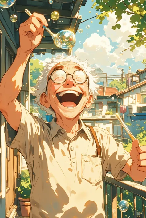an elderly man with fluffy white hair, bushy eyebrows, and round glasses, wearing a light short-sleeved shirt, gleefully blowing soap bubbles with a plastic wand, his eyes wide with joy and his mouth open in a big delighted grin, soap bubbles floating all ...