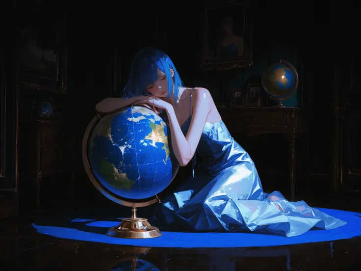 dark room, A large globe made of lapis lazuli, glistening gold in places, Beautiful girl in chemise dress with her cheek on the globe, Her long, shiny blue hair hangs down to the floor